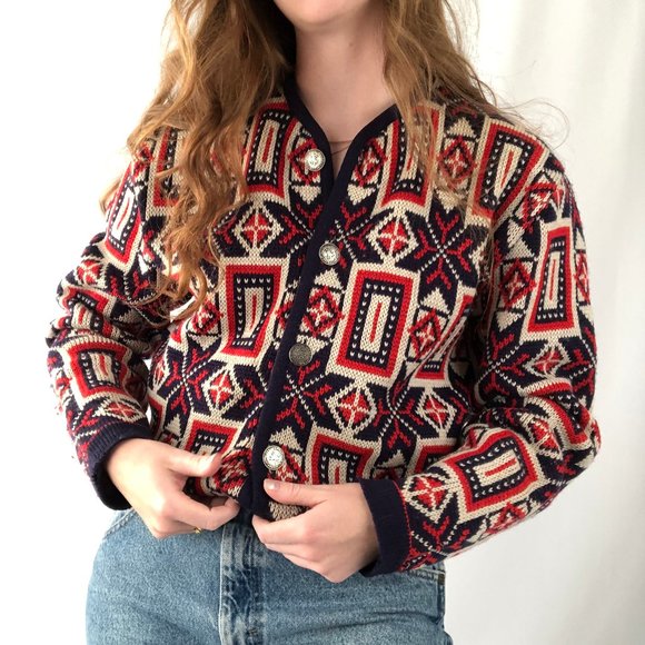 Vintage Norvyk Fair Isle Nordic Knit 100% Pure Wool Oversized Cardigan Sweater - Picture 14 of 15